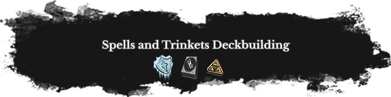 Spells Trinkets Deckbuilding – Balaspire Balaspire: "Spells and Trinkets Deckbuilding" text with shield, card, and triangle icons.