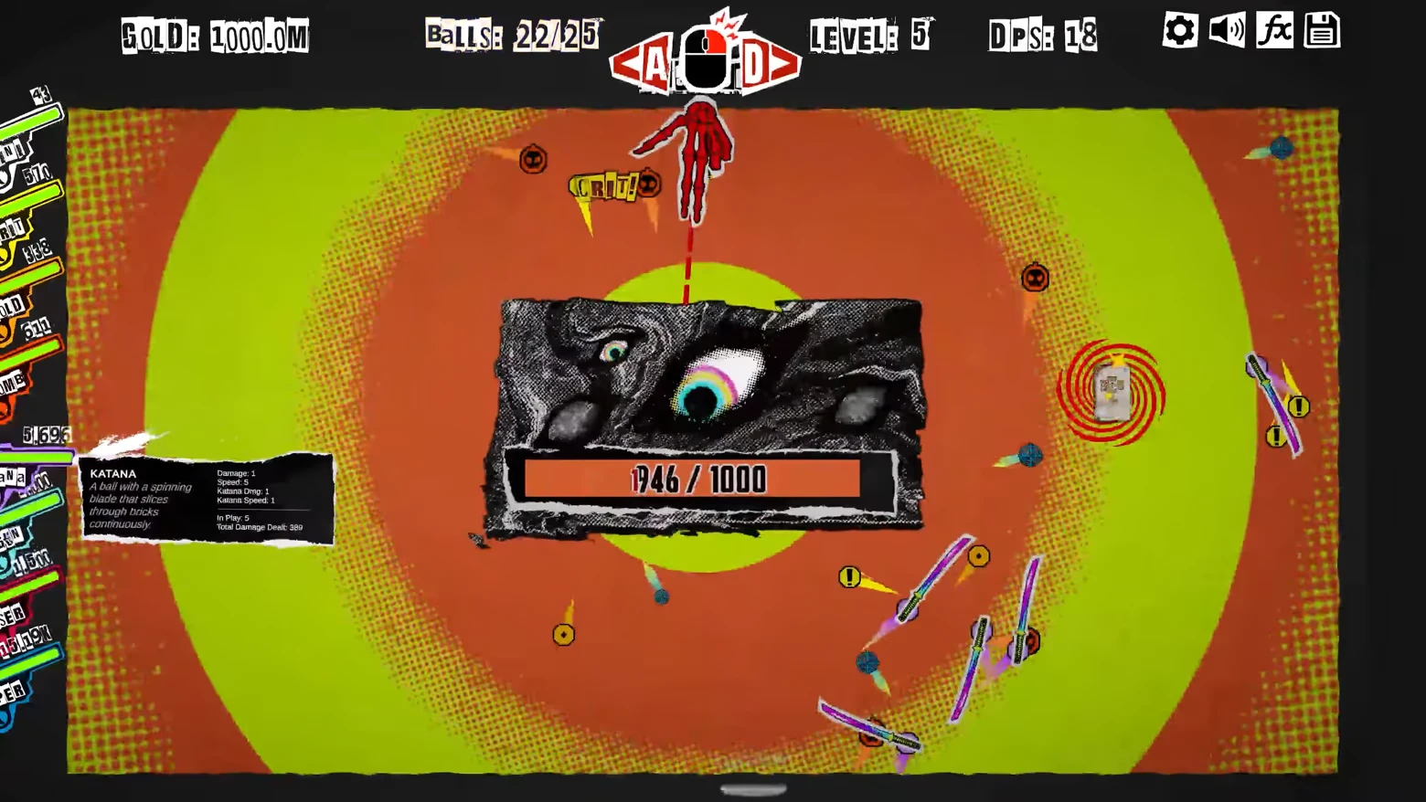 Boss Healthbar Fight – Ball Buster Breakout Ball Buster Breakout: Boss block with eyes, HP 1946/1000, top HUD Gold/Balls/Level/DPS.