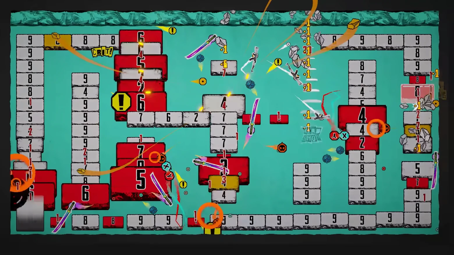 Brick Chaos Level – Ball Buster Breakout Ball Buster Breakout: Brick grid with numbered blocks, CRIT!, exclamation icons, and sparks.