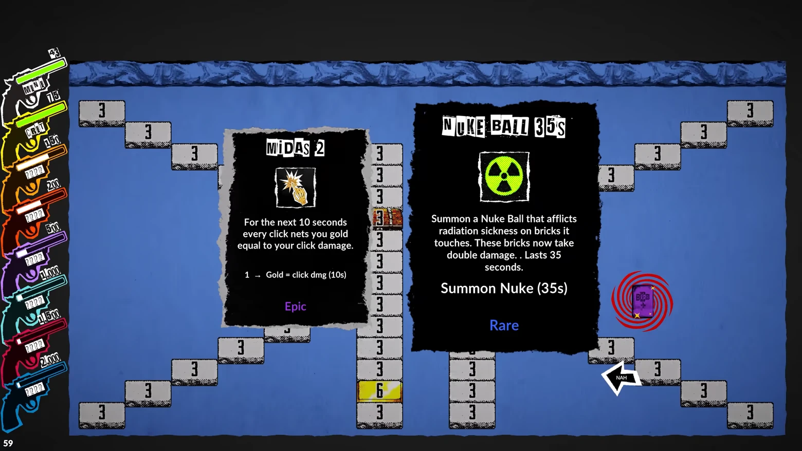 Powerup Choice Screen – Ball Buster Breakout Ball Buster Breakout: Two perk cards “MIDAS 2” and “NUKE BALL 35s” over brick path UI.