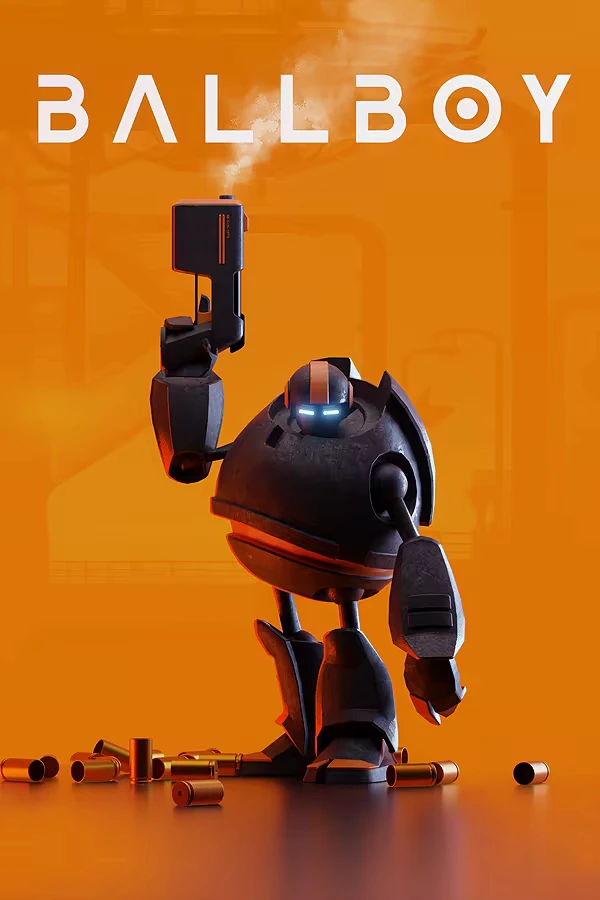 BALLBOY: A robot with glowing eyes holds a smoking gun, surrounded by bullet casings on orange.