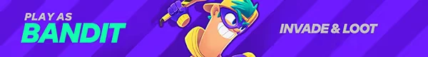 Play as Bandit – Bandit Trap Bandit Trap: Cartoon bandit with green hair, purple mask, text "PLAY AS BANDIT" and "INVADE & LOOT".