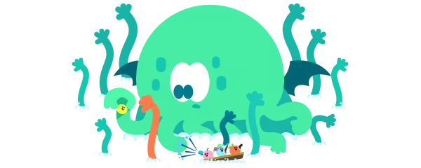 Cthulhu Battle – Bang Bang Barrage Bang Bang Barrage: Cartoon octopus with multiple arms surrounds a small boat with characters.