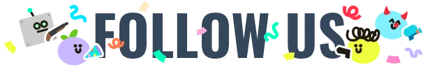 Follow Us Banner – Bang Bang Barrage Bang Bang Barrage: "FOLLOW US" text with colorful, smiling cartoon characters and confetti.