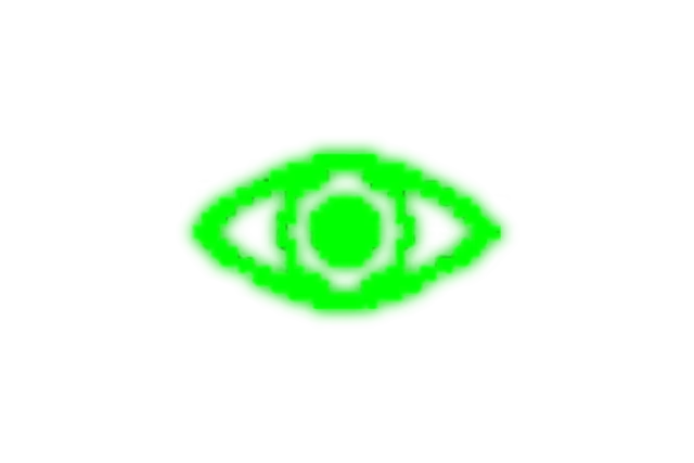 Barks and Bytes: Neon green pixelated eye with concentric circles on a black background.