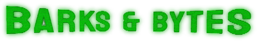 Barks and Bytes: Neon green text with striped pattern, bubbly outline on a transparent background.