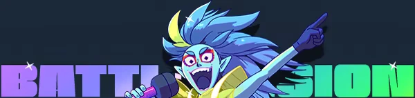Battle Vision: Blue-haired announcer with mic, pointing; large BATTLE VISION text behind.