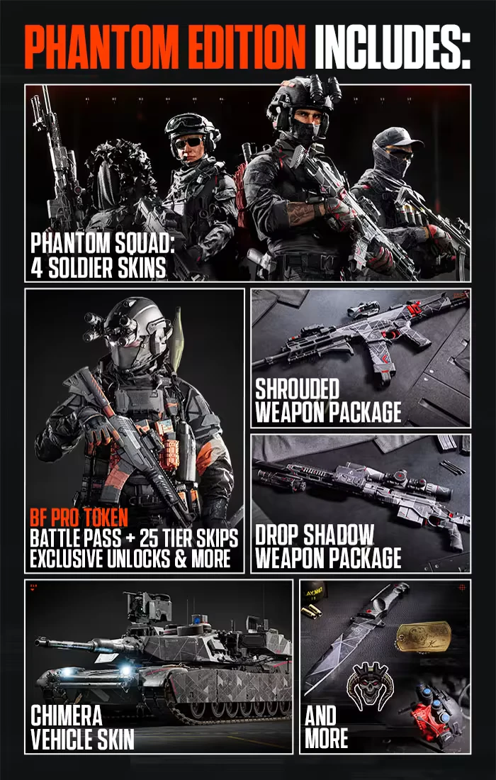 Phantom Edition Content – Battlefield™ 6 Battlefield™ 6: Phantom Edition features soldier skins, weapon packages, and vehicle skins.