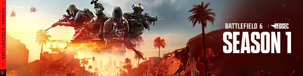 Season 1 Launch – Battlefield™ 6 Battlefield™ 6: Soldiers in tactical gear with rifles, cityscape at sunset, "Season 1" text.