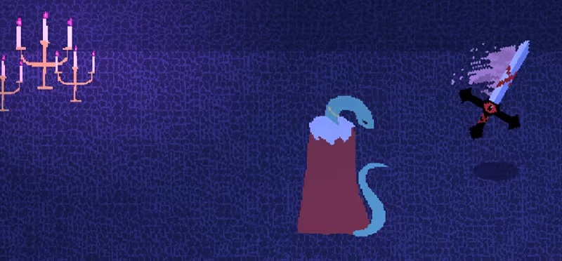 Be the Sword: A floating sword with red markings faces a blue serpent under a pink-lit candelabra.