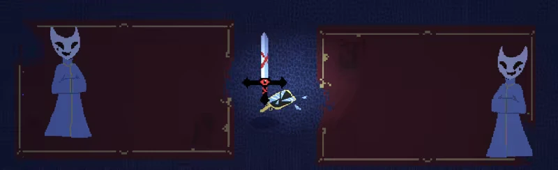 Be the Sword: A glowing sword with red markings hovers between two cloaked, masked figures.