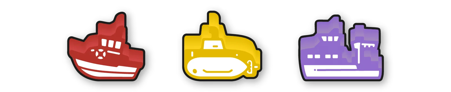 Beacon Patrol: Three stylized ships in red, yellow, and purple with bold outlines.