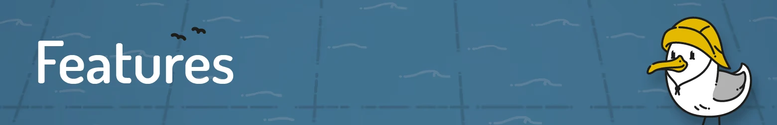 Beacon Patrol: Blue background with "Features" text, seagull in yellow hat, and two birds.