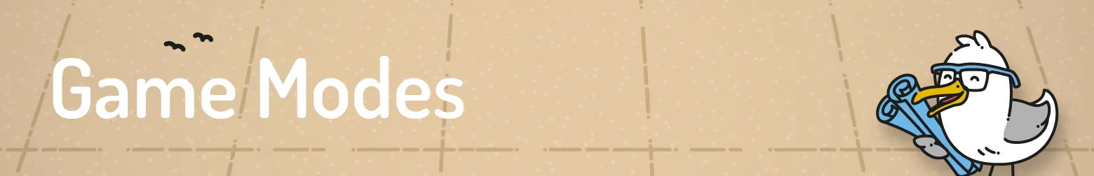 Beacon Patrol: "Game Modes" text with a cartoon seagull holding blueprints on a dotted background.