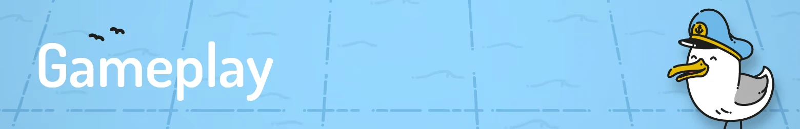 Beacon Patrol: Light blue grid background, "Gameplay" text, cartoon seagull in a captain's hat.