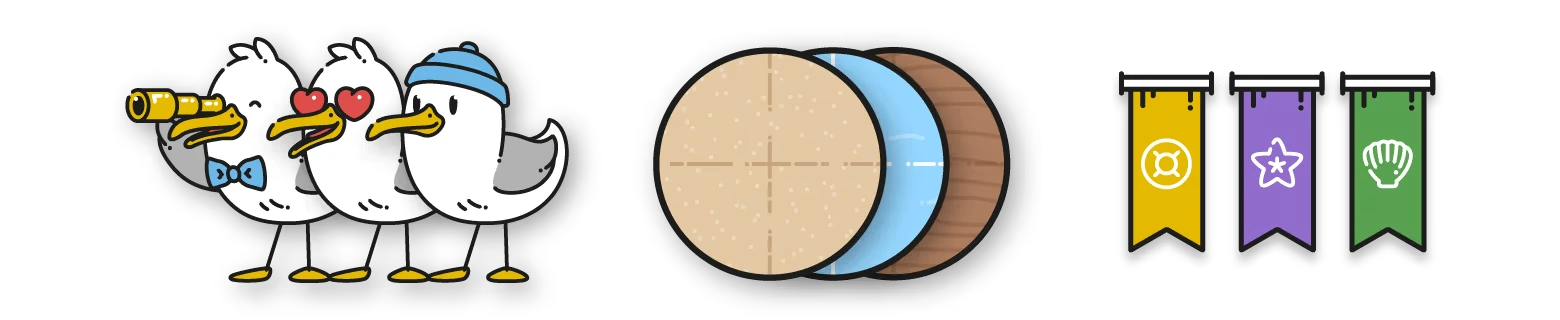 Beacon Patrol: Three cartoon seagulls, circular tiles, and three colorful banners with icons.