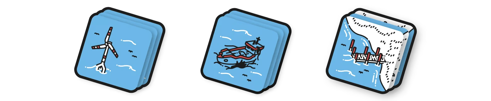 Beacon Patrol: Three blue tiles with a wind turbine, a ship, and a snowy coastline.