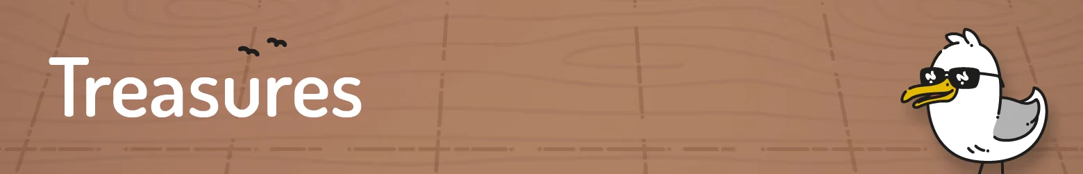 Beacon Patrol: "Treasures" text with a cartoon seagull wearing sunglasses on a wooden background.