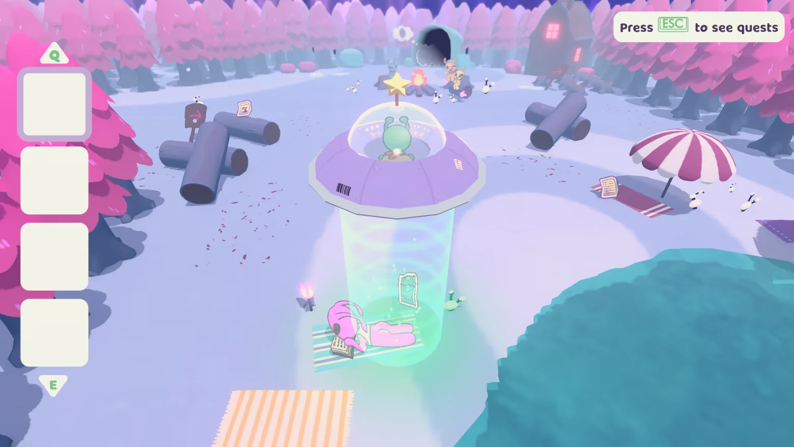 Beach Nap Beamup – Beam it up, Blorp! Beam it up, Blorp!: UFO beams up pink alien on towel; UI says “Press ESC to see quests”.