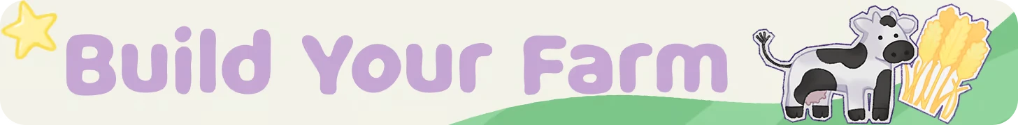 Beam it up, Blorp!: Purple “Build Your Farm” text with star, cow, and hay icon.