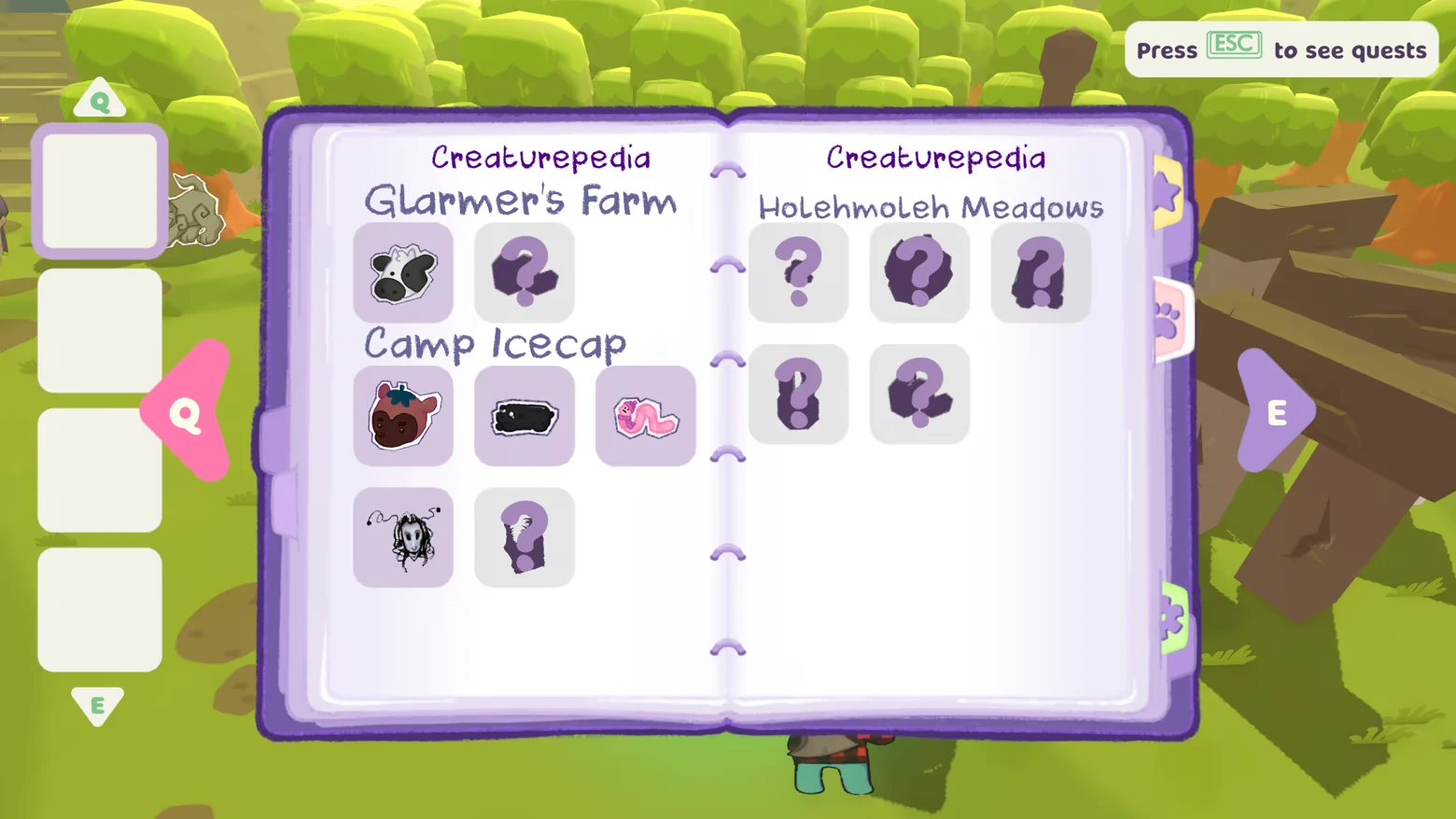 Creaturepedia Menu – Beam it up, Blorp! Beam it up, Blorp!: Creaturepedia book UI with creature icons and question marks, ESC prompt.