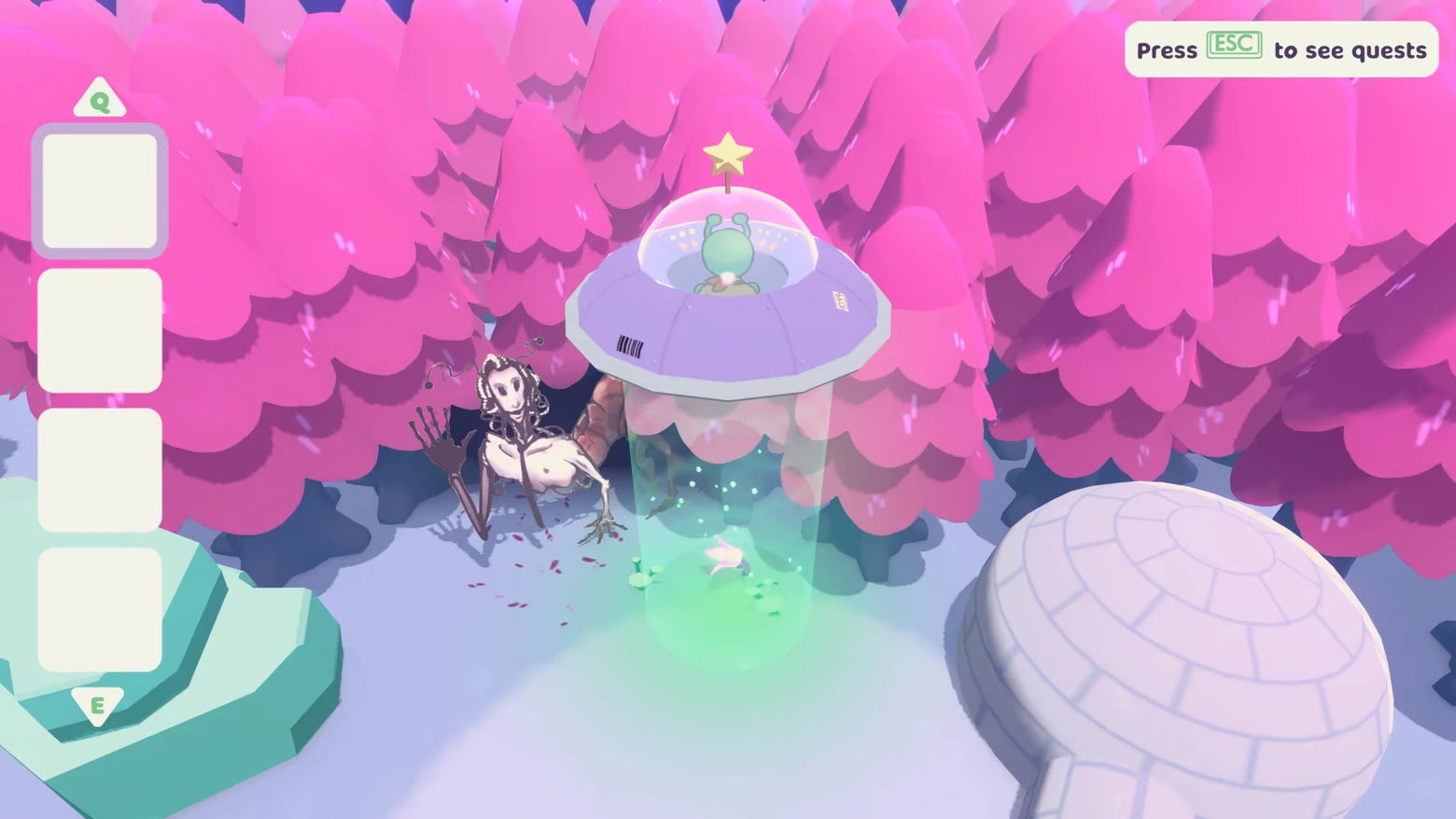 Pink Forest Beamup – Beam it up, Blorp! Beam it up, Blorp!: UFO beams up a pink creature in snowy pink forest; “Press ESC” tip.