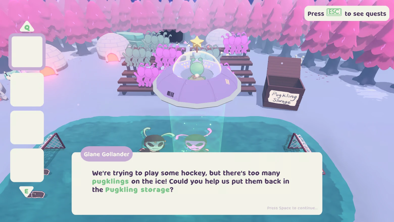 Pugling Hockey Quest – Beam it up, Blorp! Beam it up, Blorp!: UFO beams two aliens by rink; dialog about pugklings on ice.