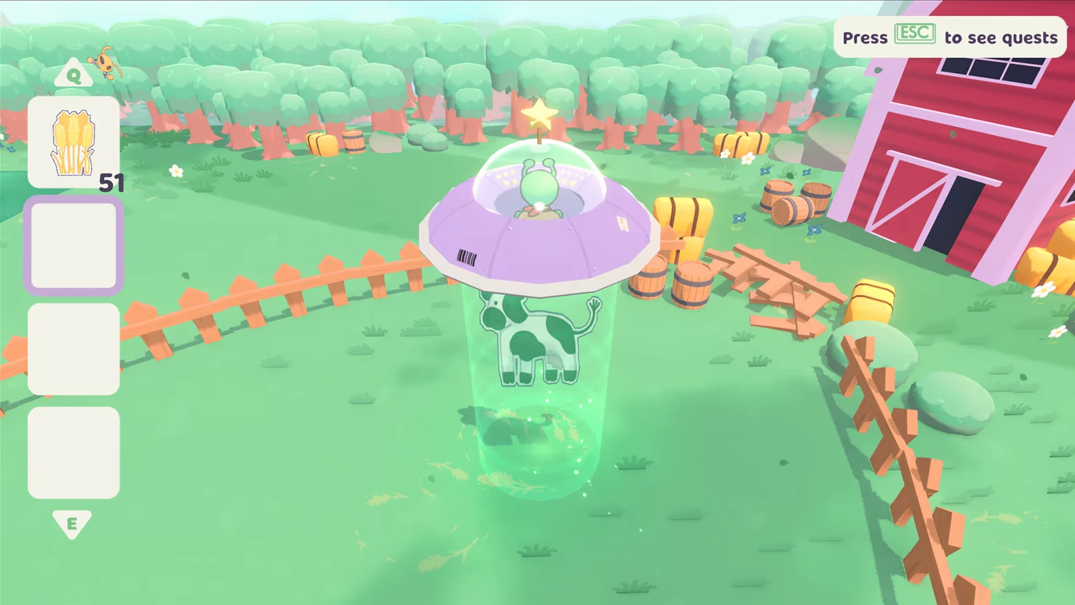 Tractor Beam Cow – Beam it up, Blorp! Beam it up, Blorp!: UFO beams up a cow by a red barn; text says Press ESC to see quests.