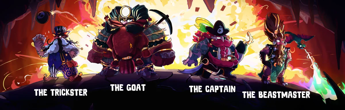 Character Roster – Beards Go Underground Beards Go Underground: Four bearded characters labeled Trickster, Goat, Captain, Beastmaster.