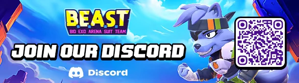 BEAST: Blue wolf character with headband, QR code, and "JOIN OUR DISCORD" text on sky background.
