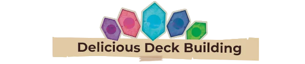Beastro: "Delicious Deck Building" text with colorful hexagonal gems above on a beige banner.