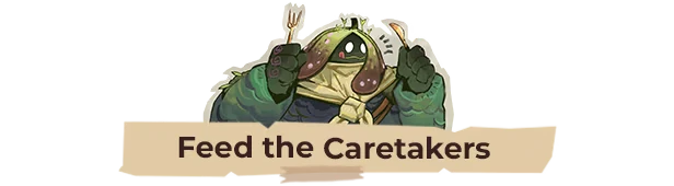 Beastro: Green creature holding fork and spoon, text "Feed the Caretakers" on beige banner.
