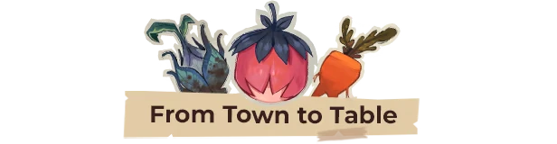 Beastro: A pink fruit, blue plant, and carrot above text "From Town to Table" on a beige banner.
