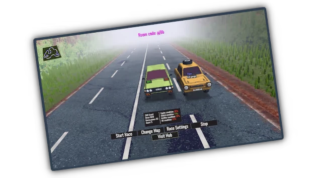 BeaterCore: Two cars on a foggy road, UI with options, map in corner, room code "pjb8".