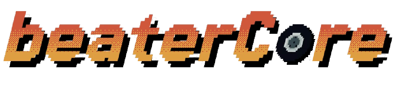 BeaterCore: Pixelated orange gradient text with a tire as the "o" in "Core".