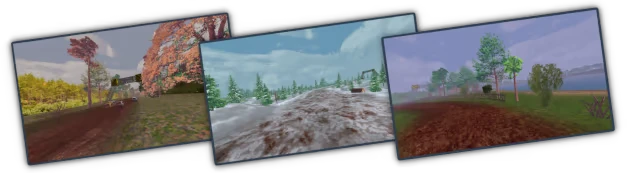 BeaterCore: Three racing scenes with autumn, winter, and spring landscapes, featuring dirt tracks.