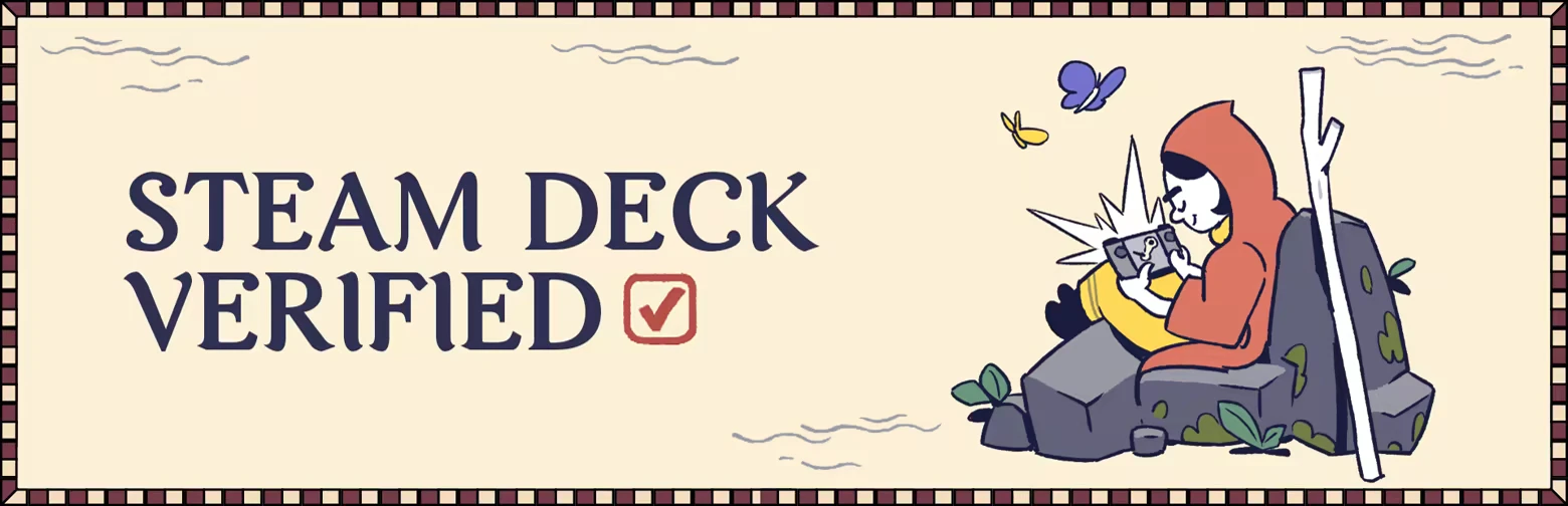 Becoming Saint: "Steam Deck Verified" text with monk in red robe playing on a handheld console.