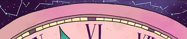 Before Fate: A pink clock face with Roman numeral VI, set against a starry sky with constellations.