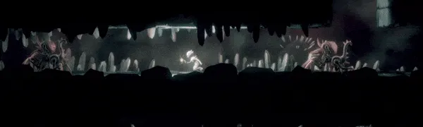 Before I Go: A character runs through a dark cave with glowing crystals and a tentacled creature.