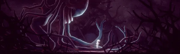 Before I Go: A small figure stands before a giant, glowing creature with long tendrils in a dark forest.