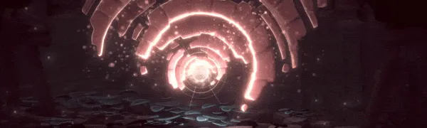 Before I Go: Glowing concentric rings in a dark tunnel with floating debris and a bright center.