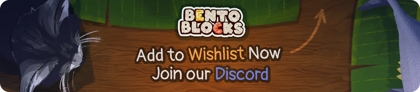 Bento Blocks: Stylized text "Add to Wishlist Now, Join our Discord" with a cat silhouette.