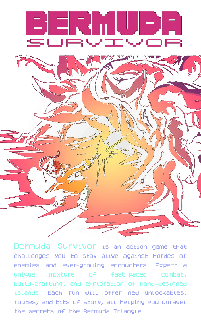 Battle Scene – Bermuda Survivor Bermuda Survivor: Pink logo, character shooting at a horned creature, and game description text.