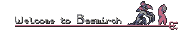 Besmirch: Pixel art text "Welcome to Besmirch" with shadowy figures and a trident on the right.
