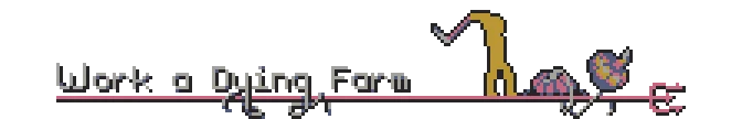Besmirch: Pixel art text "Work a Dying Farm" with a scythe, pitchfork, and monster.