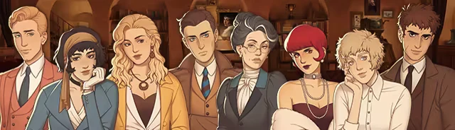 Characters Grouped Together – Best Served Cold Best Served Cold: Seven characters in 1920s attire stand in a warmly lit speakeasy setting.