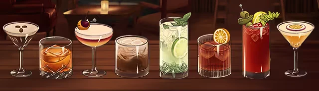 Cocktail Lineup – Best Served Cold Best Served Cold: Seven colorful cocktails on a wooden bar, each with unique garnishes.