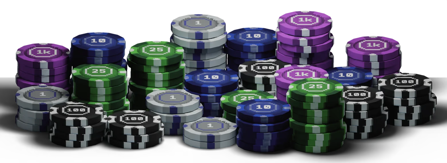 Poker Chip Piles – BETCOIL BETCOIL: Piles of poker chips labeled 1, 10, 25, 100, and 1k on black background.