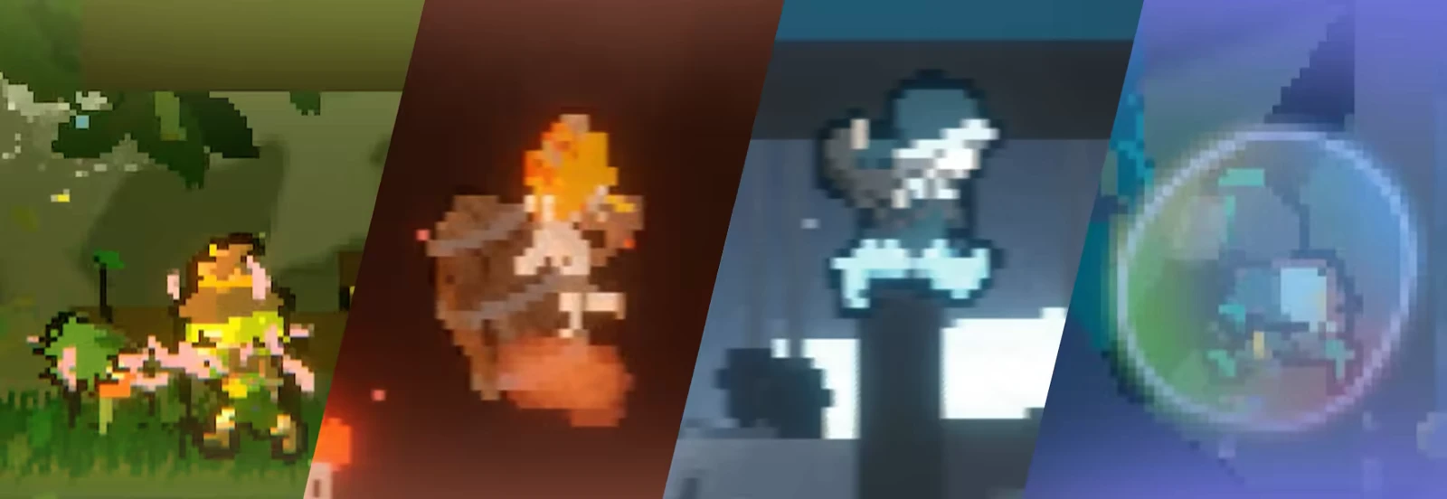 Between Worlds: Four pixel art scenes with characters in forest, fiery, icy, and underwater settings.
