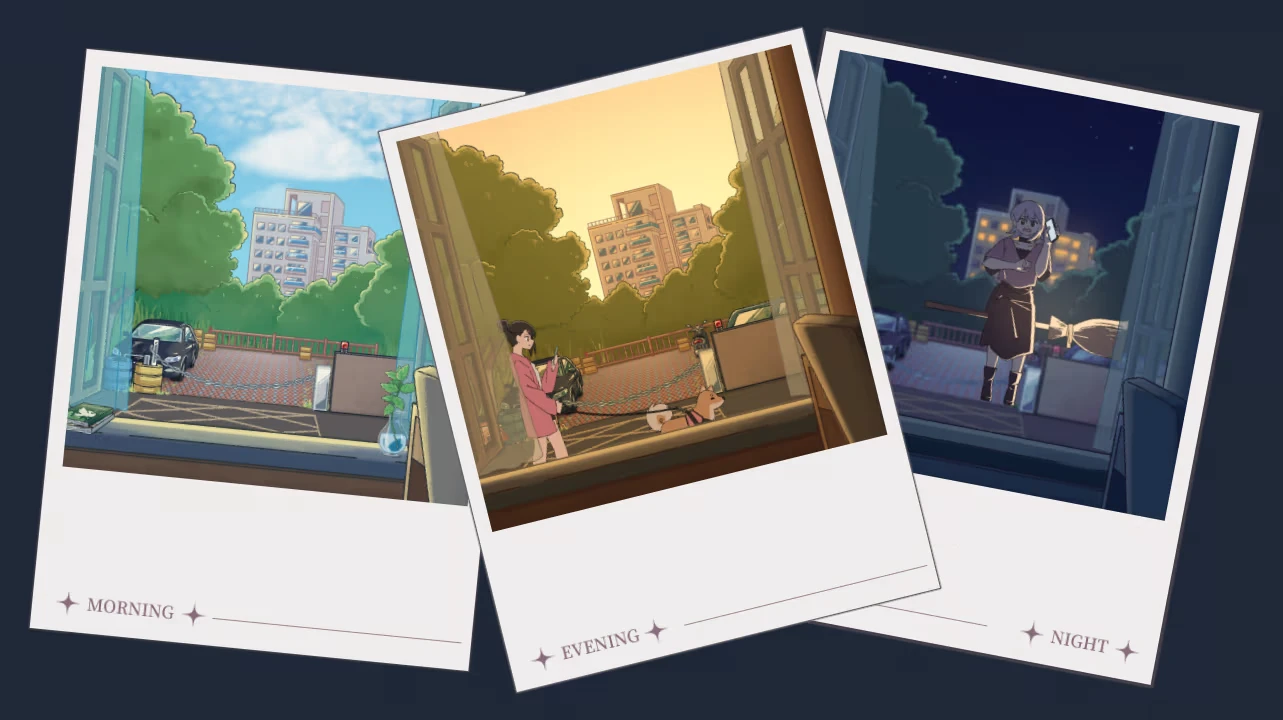 Beyond the Curtains: Three scenes show morning, evening, and night views from a window.